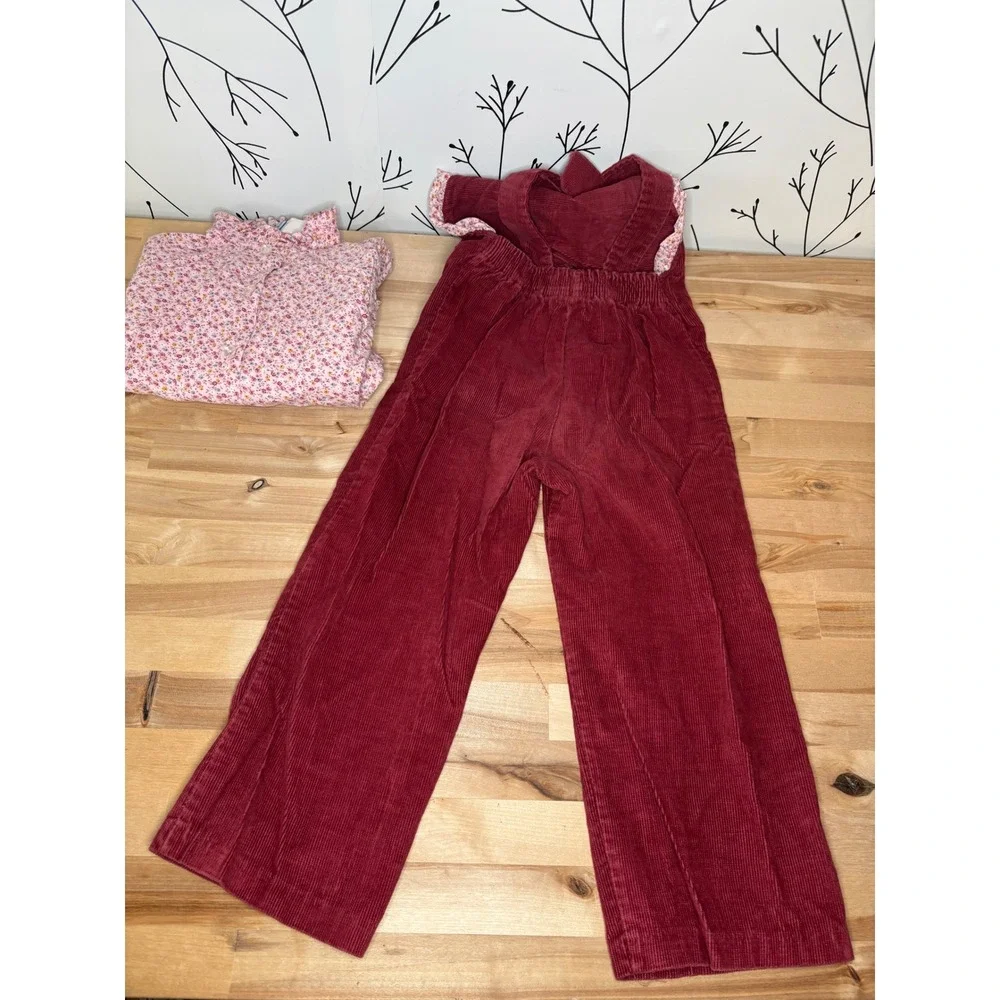 Vintage Doe Spun Girls 4‎ Corduroy Overalls Floral Blouse Set Burgundy Pink USA